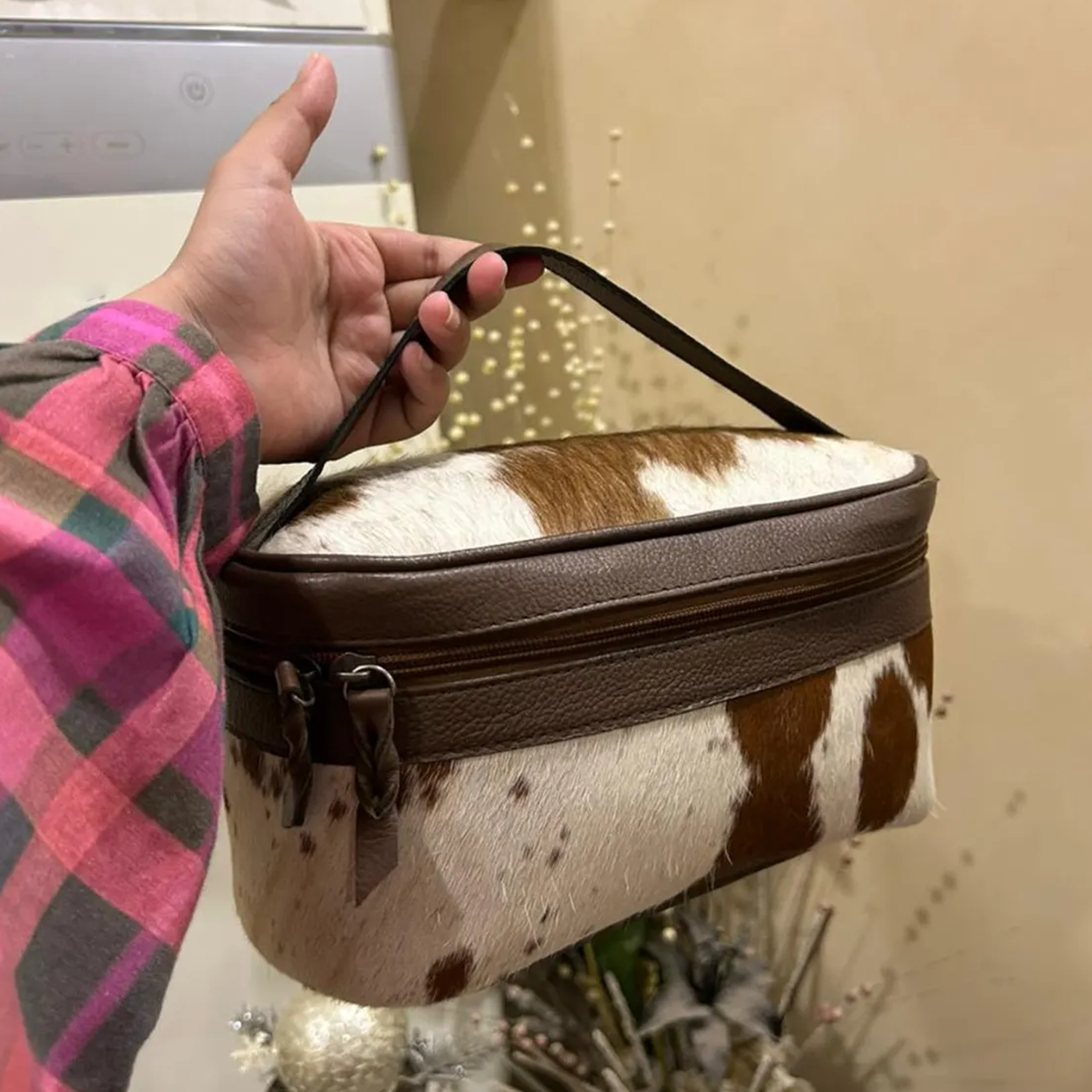 Cream And Chocolate Spotted Print Rectangular Cosmetic Case With Dark Brown Edge Trim, Dual Fabric Zipper Tabs And Slim Curved Top Carry Handle