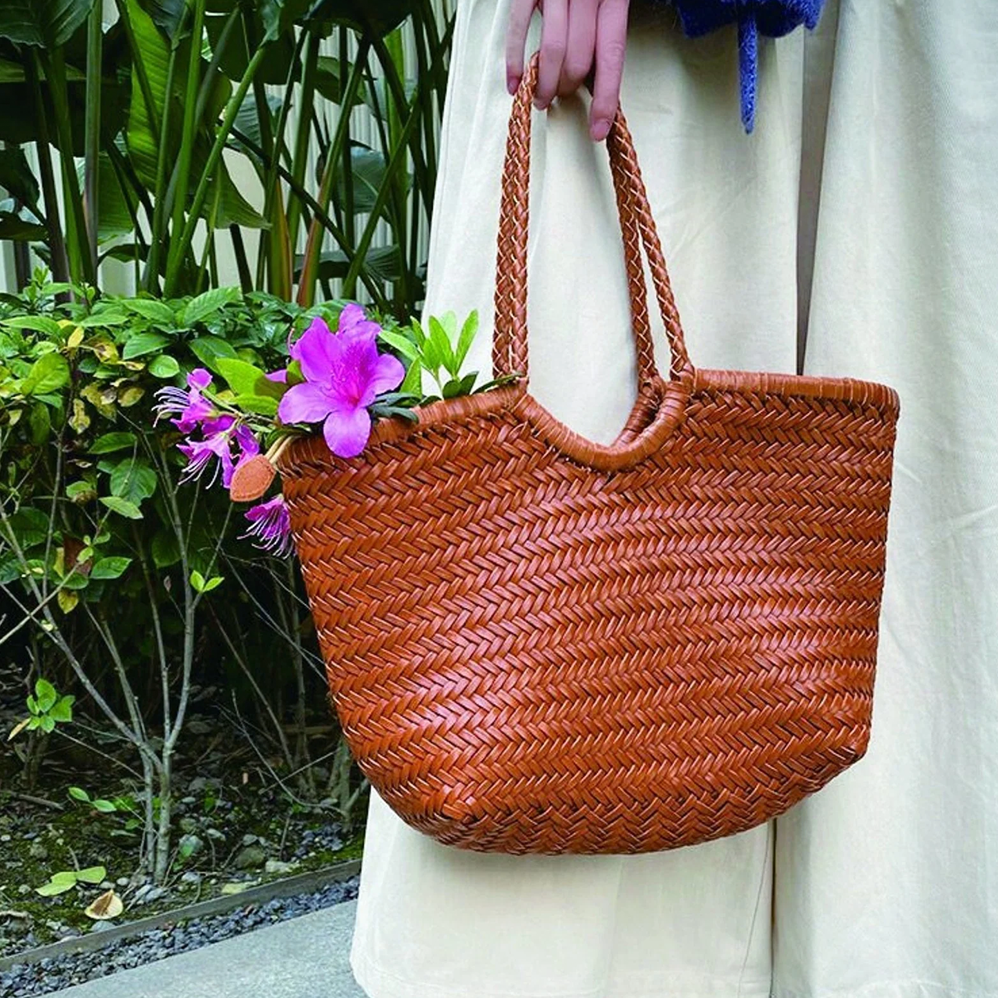 Terracotta Brown Herringbone Woven Open Top Tote With V-Cut Front Frame, Thick Integrated Weave Hand Loops And Spacious Tapered Rectangular Inner Cavity