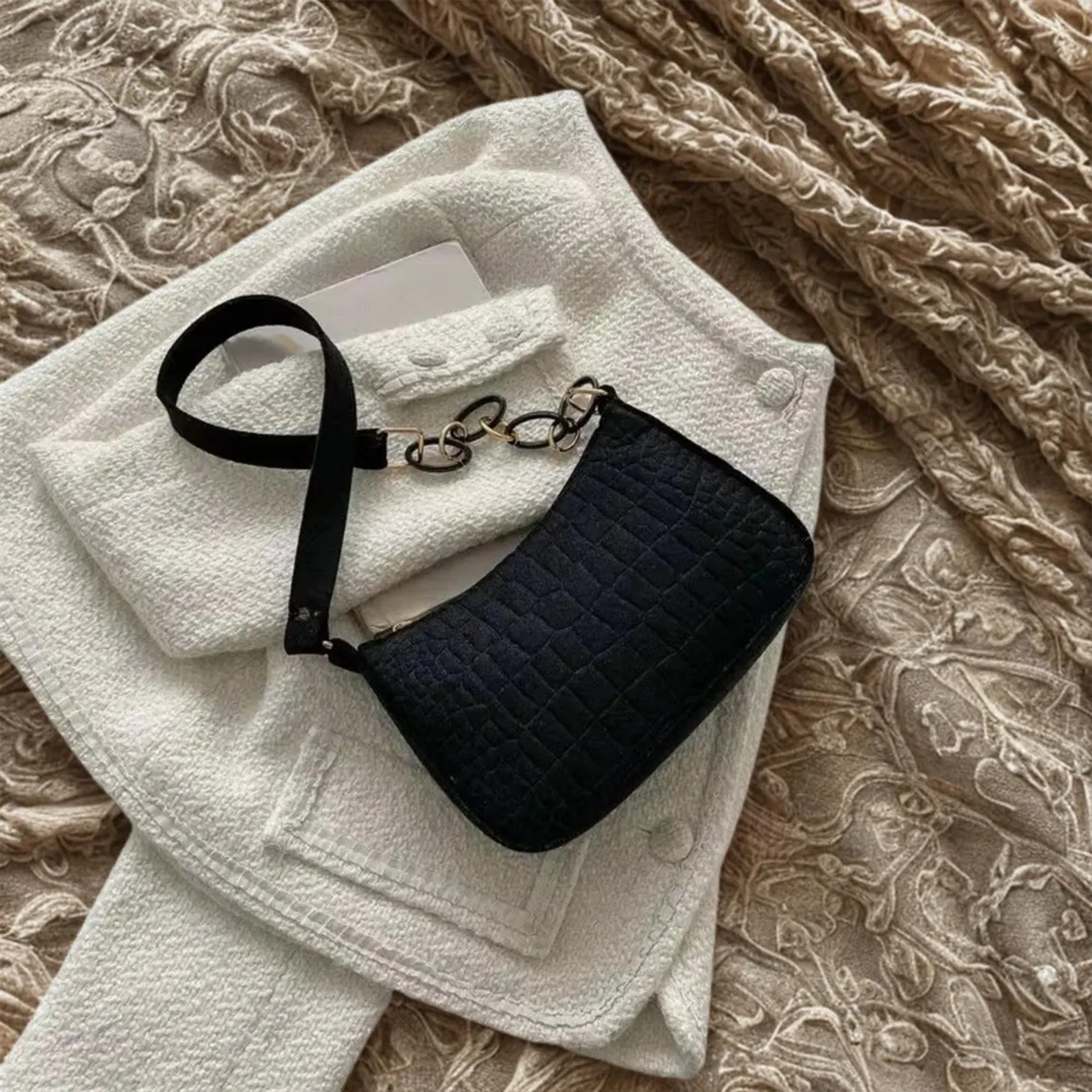 Jet Black Scale Embossed Curved Underarm Pouch With Mixed-Tone Chunky Chain Links, Wide Fabric Carry Strap And Square Metallic Buckle Hardware