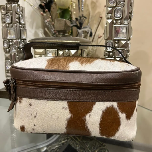 Cream And Chocolate Spotted Print Rectangular Cosmetic Case With Dark Brown Edge Trim, Dual Fabric Zipper Tabs And Slim Curved Top Carry Handle