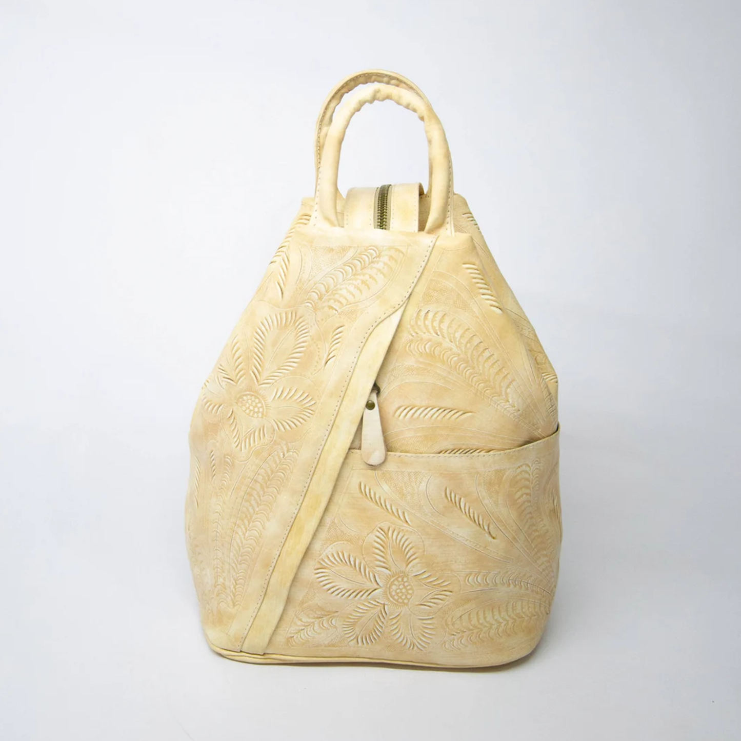 Pale Buttery Cream Embossed Floral Feather Convertible Carryall With Rounded Top Grip, Vertical Side Zipper Pocket And Integrated Rear Support Straps