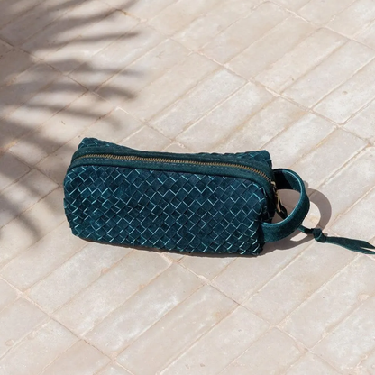 Deep Teal Interlaced Grid Woven Rectangular Storage Pouch With Full Length Metallic Zipper, Single Open Inner Cavity And Knotted Tab Wrist Carry Loop