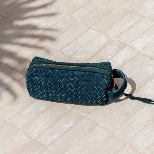 Deep Teal Interlaced Grid Woven Rectangular Storage Pouch With Full Length Metallic Zipper, Single Open Inner Cavity And Knotted Tab Wrist Carry Loop