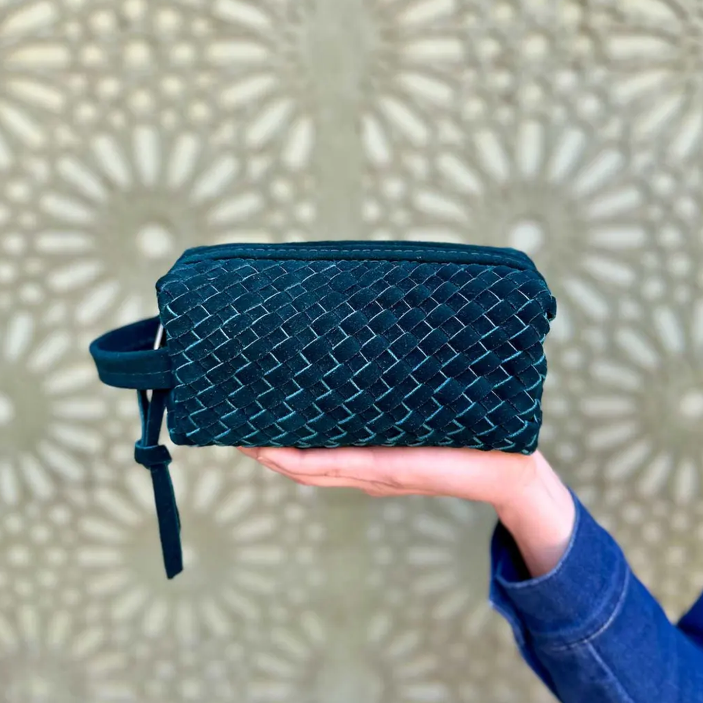Deep Teal Interlaced Grid Woven Rectangular Storage Pouch With Full Length Metallic Zipper, Single Open Inner Cavity And Knotted Tab Wrist Carry Loop