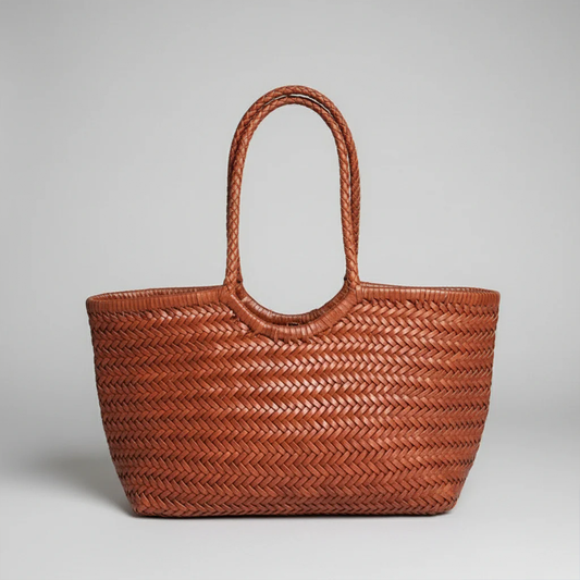 Terracotta Brown Herringbone Woven Open Top Tote With V-Cut Front Frame, Thick Integrated Weave Hand Loops And Spacious Tapered Rectangular Inner Cavity