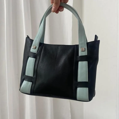 Deep Black Mint Color Block Mini Rectangular Tote With Geometric Side Patch Accents, Curved Mint Grip Loops And Square Metallic Stud Fasteners