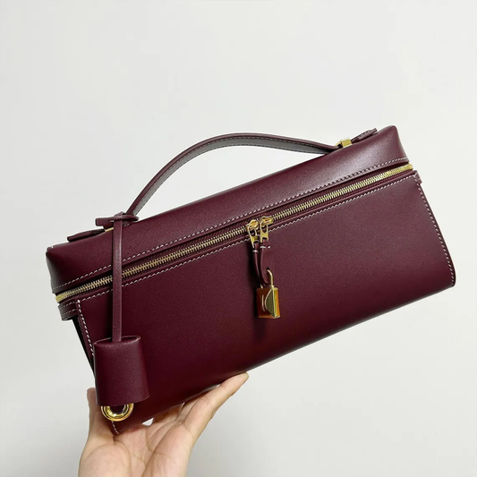 Rich Burgundy Elongated Rectangular Hand Pouch With Contrast Edge Stitching, Golden Dual Zipper Sliders And Slim Curved Top Carry Handle