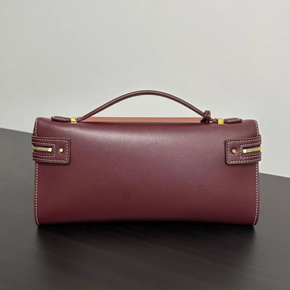 Rich Burgundy Elongated Rectangular Hand Pouch With Contrast Edge Stitching, Golden Dual Zipper Sliders And Slim Curved Top Carry Handle