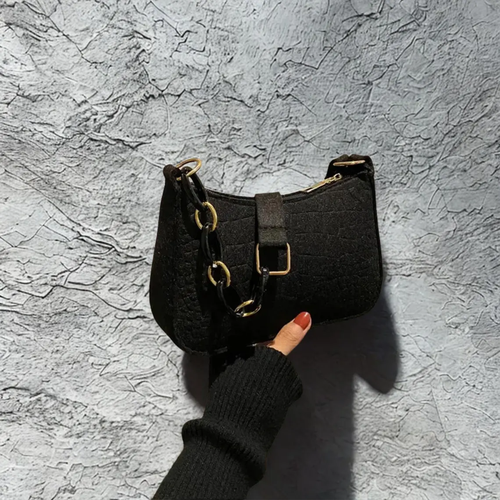 Jet Black Scale Embossed Curved Underarm Pouch With Mixed-Tone Chunky Chain Links, Wide Fabric Carry Strap And Square Metallic Buckle Hardware