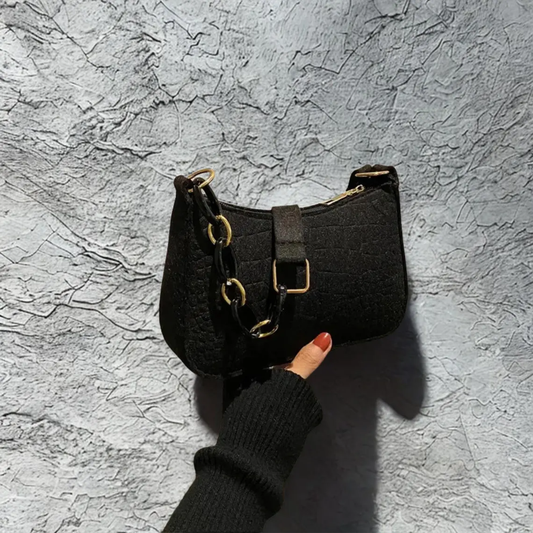 Jet Black Scale Embossed Curved Underarm Pouch With Mixed-Tone Chunky Chain Links, Wide Fabric Carry Strap And Square Metallic Buckle Hardware