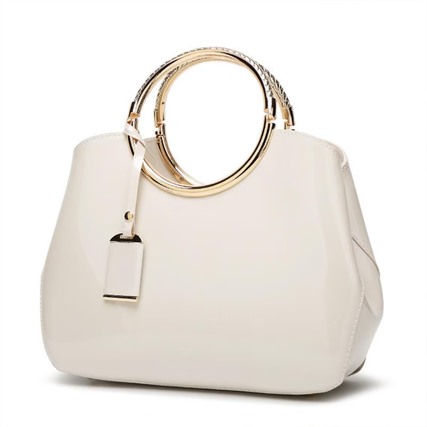 Cream Off-White Polished Trapezoid Carryall With Layered Embossed Golden Circular Hoop Handles, Metallic Trimmed Hanging Tag And Spacious Rounded Inner Compartment