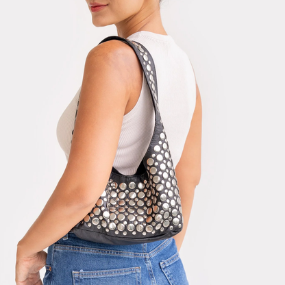 Jet Black Tapered Hobo Shoulder Bag With Scattered Multi-Size Silver Circular Disc Embellishments, Wide Integrated Single Shoulder Strap And Curved V-Shaped Top Opening