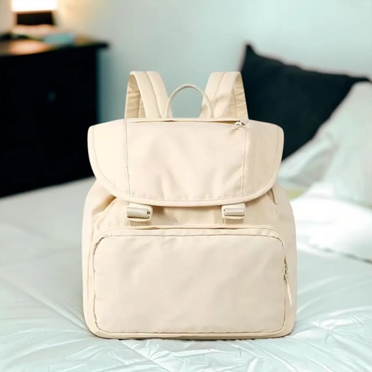 Compact Flap Rucksack With Plastic Snap Fasteners, Large Front Zipper Pocket And Padded Wide Rear Support Straps