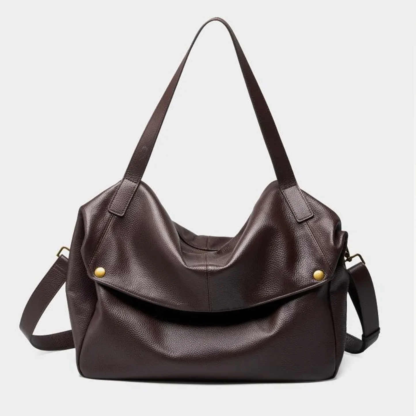 Deep Mocha Brown Soft Pillow Shaped Carryall With Golden Stud Fastened Overlap Flap, Wide Fixed Shoulder Strip And Spacious Slouchy Inner Compartment