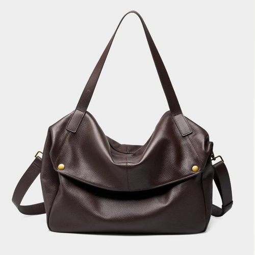 Deep Mocha Brown Soft Pillow Shaped Carryall With Golden Stud Fastened Overlap Flap, Wide Fixed Shoulder Strip And Spacious Slouchy Inner Compartment