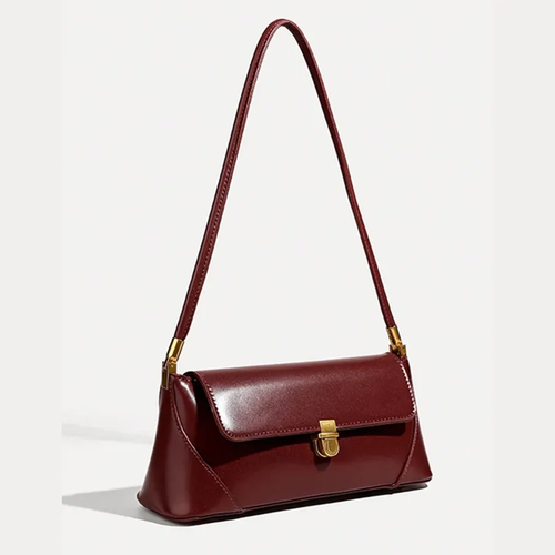 Deep Wine Burgundy Elongated Rectangular Shoulder Bag With Glossy Smooth Surface, Golden Flap Clasp And Slim Single Shoulder Carry Strip