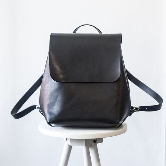 Jet Black Tapered Bucket Mini Rucksack With Wide Folded Front Flap, Curved Top Carry Loop And Stud Reinforced Rear Slip Pocket