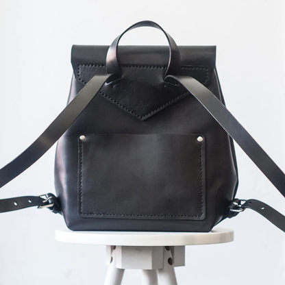 Jet Black Tapered Bucket Mini Rucksack With Wide Folded Front Flap, Curved Top Carry Loop And Stud Reinforced Rear Slip Pocket