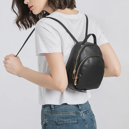 Solid Matte Black Curved Dome Mini Backpack With Dual Gold Tone Zipper Pulls, Short Curved Top Grip And Thin Metal Fitted Rear Support Straps