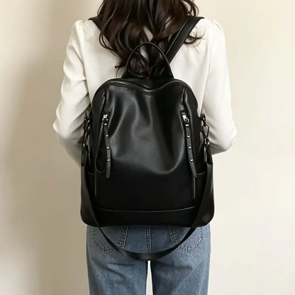 Polished Solid Black Vertical Structured Rucksack With Rivet Trimmed Side Zipper Slots, Rounded Top Carry Loop And Wide Weight Distributing Rear Bands