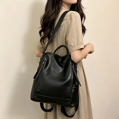 Polished Solid Black Vertical Structured Rucksack With Rivet Trimmed Side Zipper Slots, Rounded Top Carry Loop And Wide Weight Distributing Rear Bands