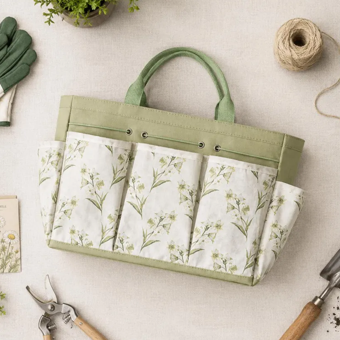 Sage Green Trim Floral Printed Garden Storage Tote With Multi Divided Slip Pockets, Woven Hand Grip Loops And Adjustable Front Drawstring Opening Tool Bag