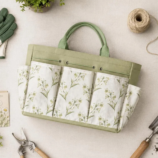 Sage Green Trim Floral Printed Garden Storage Tote With Multi Divided Slip Pockets, Woven Hand Grip Loops And Adjustable Front Drawstring Opening Tool Bag