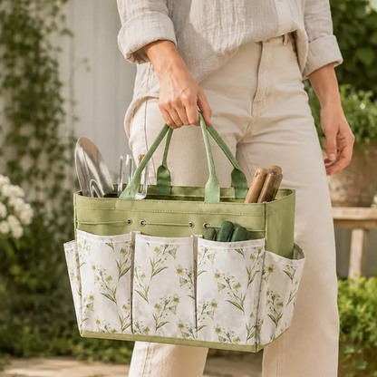 Sage Green Trim Floral Printed Garden Storage Tote With Multi Divided Slip Pockets, Woven Hand Grip Loops And Adjustable Front Drawstring Opening Tool Bag