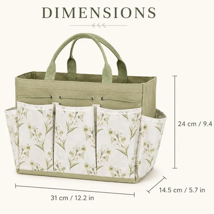 Sage Green Trim Floral Printed Garden Storage Tote With Multi Divided Slip Pockets, Woven Hand Grip Loops And Adjustable Front Drawstring Opening Tool Bag