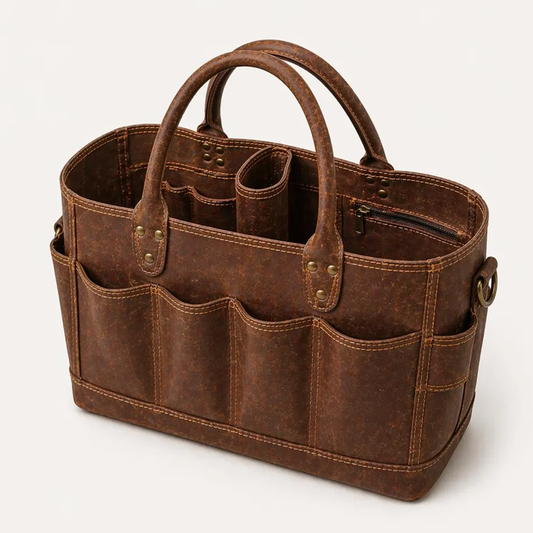 Vintage Distressed Brown Rigid Utility Tool Tote With Multi-Size Exterior Slip Pockets, Rivet Reinforced Curved Hand Loops And Inner Zipped Security Compartment