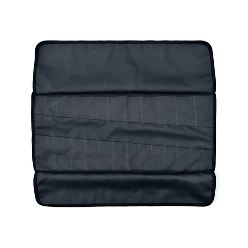 Charcoal Black Grey Foldable Roll Tool Storage Pouch With Dual Row Divided Slots, Locking Plastic Fastener Straps And Compact Carry Grip Loop