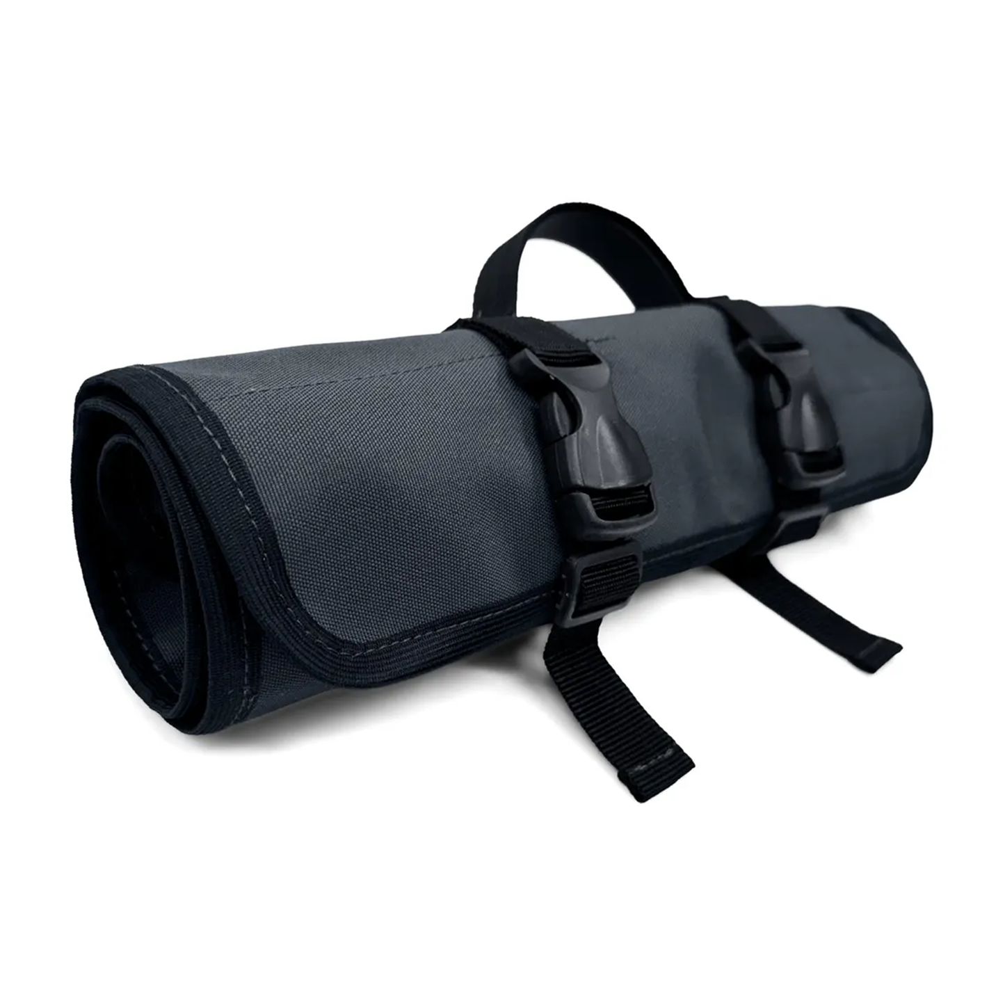 Charcoal Black Grey Foldable Roll Tool Storage Pouch With Dual Row Divided Slots, Locking Plastic Fastener Straps And Compact Carry Grip Loop