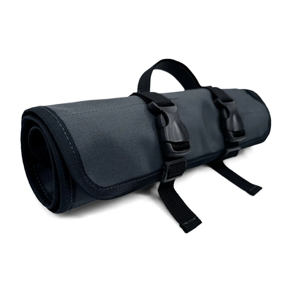 Charcoal Black Grey Foldable Roll Tool Storage Pouch With Dual Row Divided Slots, Locking Plastic Fastener Straps And Compact Carry Grip Loop