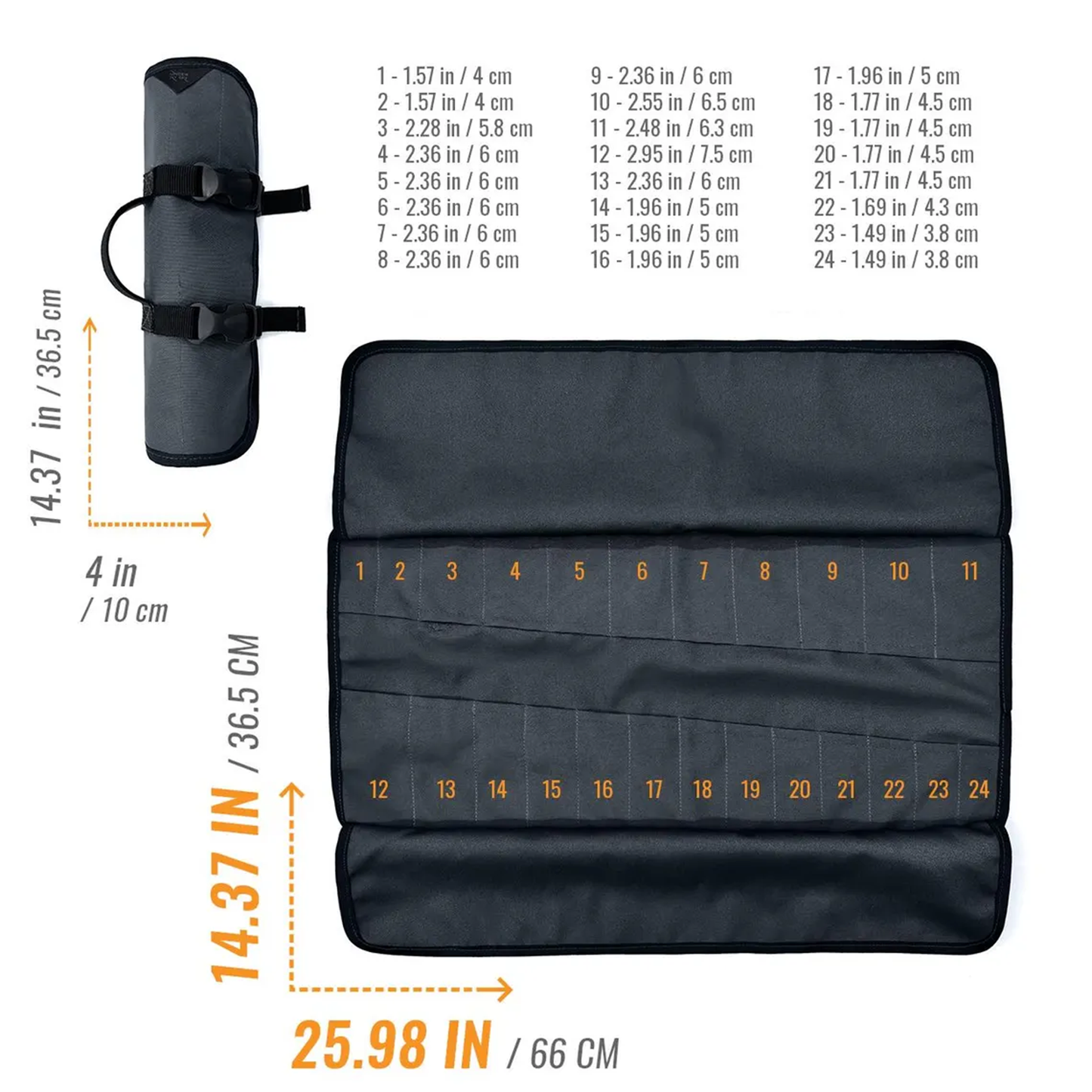 Charcoal Black Grey Foldable Roll Tool Storage Pouch With Dual Row Divided Slots, Locking Plastic Fastener Straps And Compact Carry Grip Loop