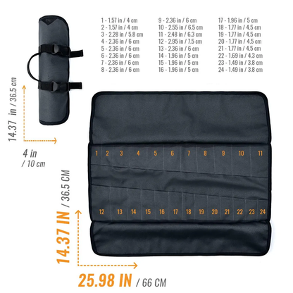 Charcoal Black Grey Foldable Roll Tool Storage Pouch With Dual Row Divided Slots, Locking Plastic Fastener Straps And Compact Carry Grip Loop