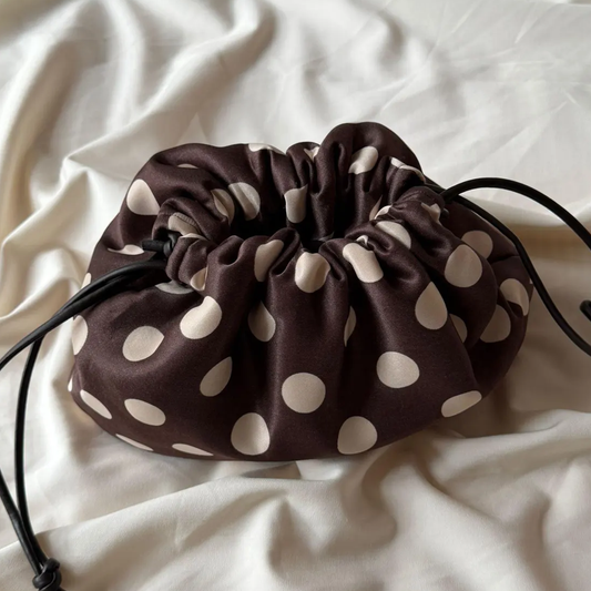 Deep Cocoa Base Oversized Cream Dot Drawstring Storage Pouch With Gathered Wide Opening, Collapsible Rounded Silhouette And Spacious Inner Cavity For Grooming Essentials
